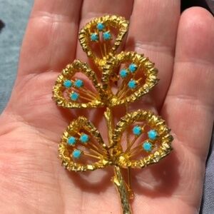 Vintage "Made in Austria" Women's Gold Tone and Turquoise Seed Beads Brooch